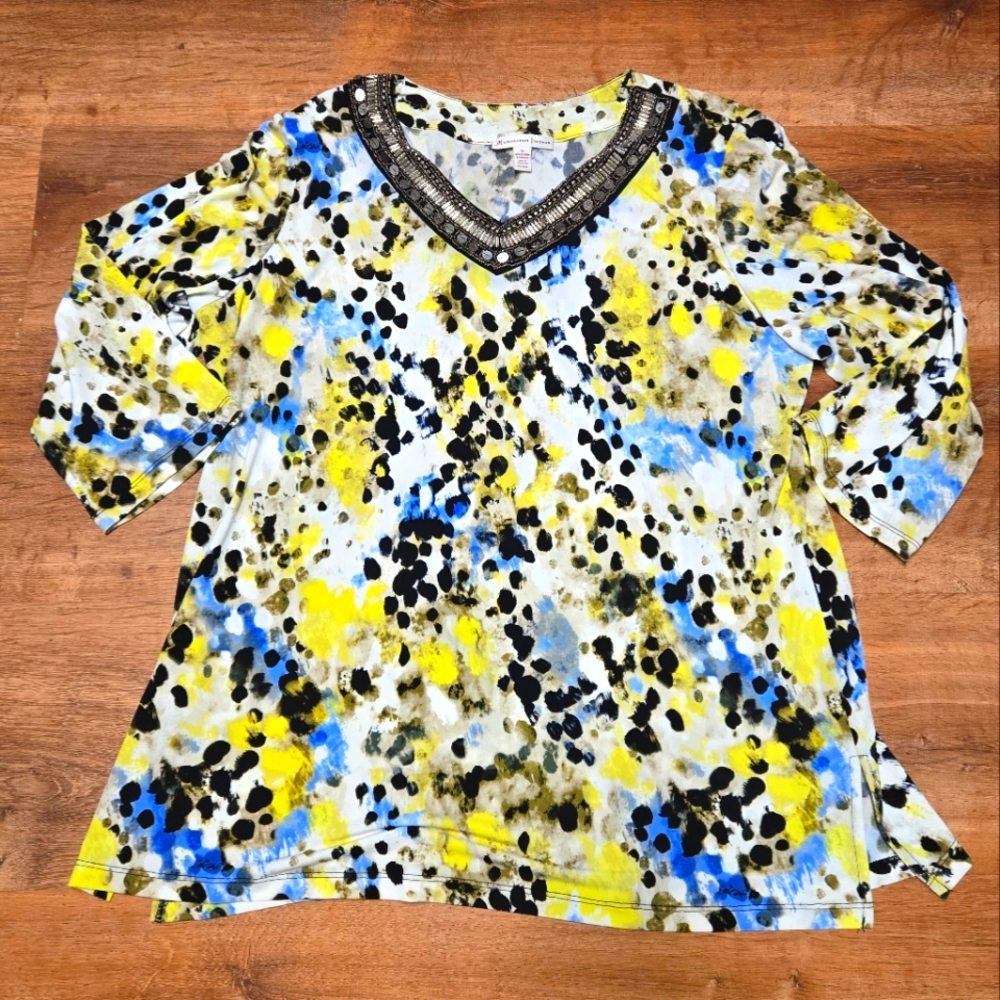 JM Collection Yellow and Blue Graphic 3/4 Sleeve Blouse